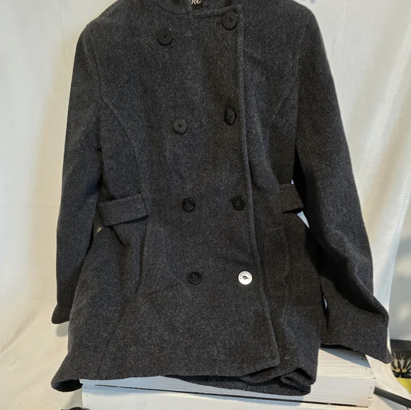 London Fog Womens Winter Wool Pea Coat Sz Med Dark Gray/Black W/ Hood - Picture 2 of 6